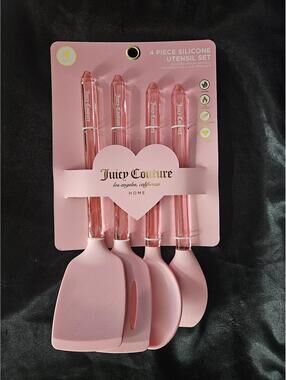 Juicy Couture 4pc Silicone Utensil Set Pink Gem Handle Kitchen NWT